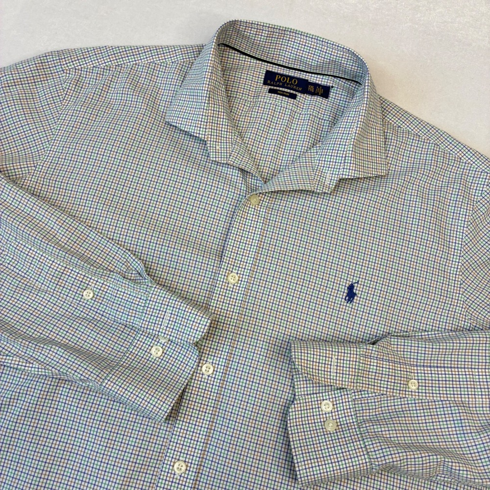 Polo Ralph Lauren Mens XXL Non-Iron‎ Button Down Shirt Blue Green Plaid Cotton